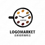 コーヒー豆とコーヒーカップと時計のロゴ