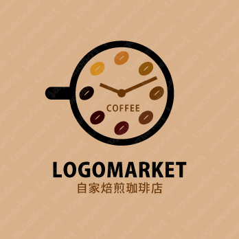コーヒー豆とコーヒーカップと時計のロゴ