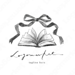本とリボンと手書きのロゴ
