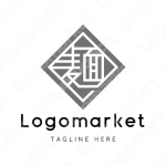 麺と家紋と文字紋のロゴ