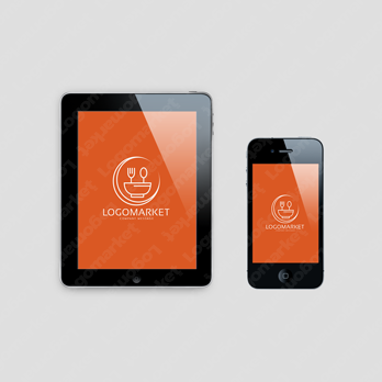 食器と丼ぶりと月のロゴ